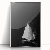 Framed acrylic artwork showcasing a stunning landscape with caves, featuring a white border and sleek front view, ideal for modern home decor.