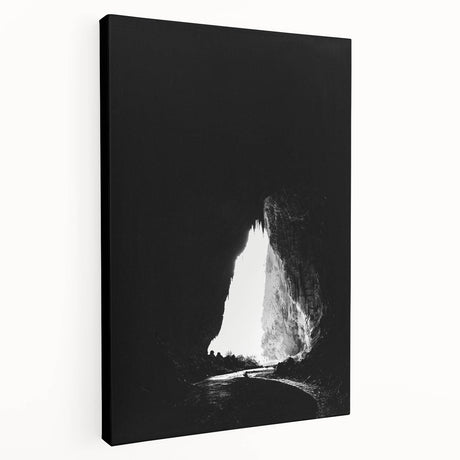 Stretched canvas artwork depicting a serene landscape featuring intricate cave formations, showcasing earthy tones and detailed textures, ideal for home decor.