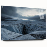 Vibrant acrylic landscape artwork depicting dramatic cliffs, displayed in a sleek glass frame with stylish pins, perfect for modern home decor.