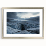 Framed landscape artwork featuring dramatic cliffs and a serene ocean view, set in a sleek silver frame with a white mat, ideal for modern home decor.