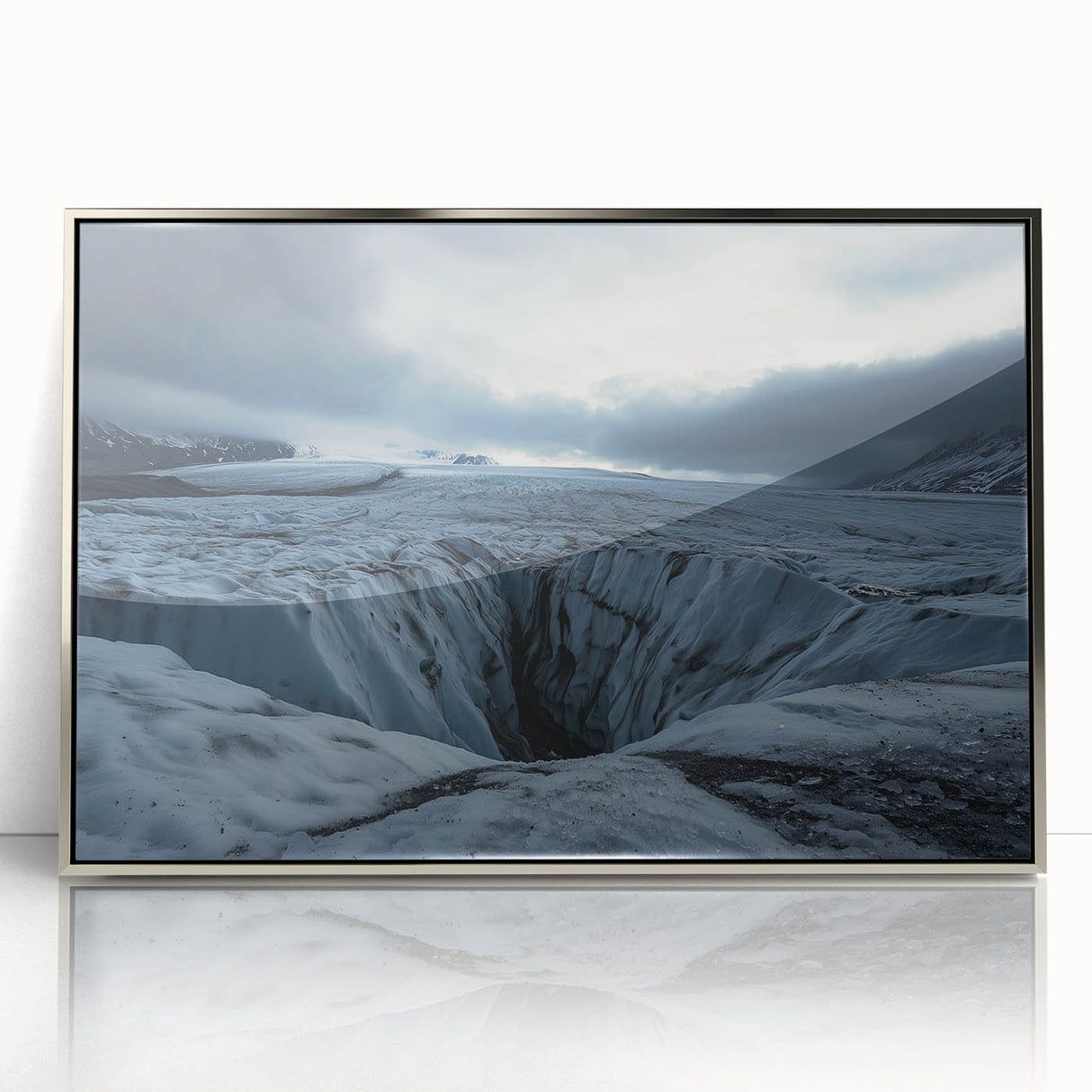 Framed acrylic artwork showcasing a dramatic landscape with towering cliffs and vibrant colors. The silver frame enhances the piece, perfect for modern decor.