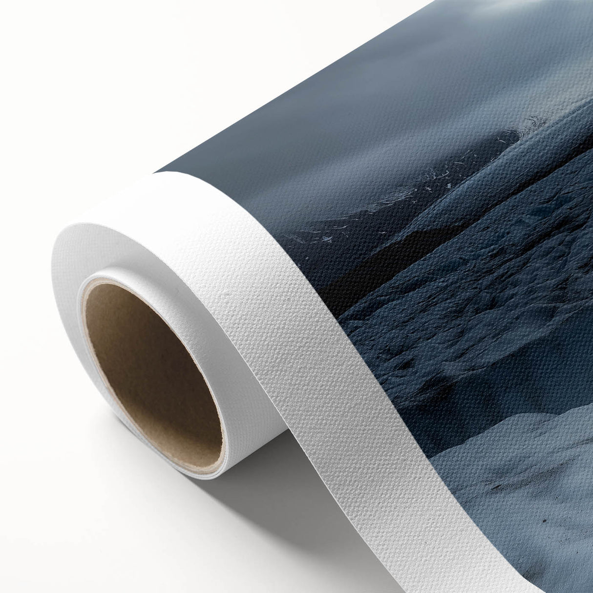 Vibrant rolled canvas artwork depicting a serene landscape with dramatic cliffs and lush greenery, ideal for home decor or artistic display, rolled for easy transport.