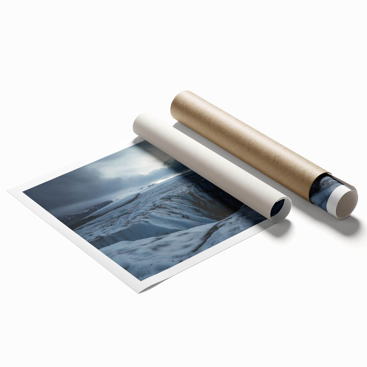 Stunning landscape canvas print showcasing dramatic cliffs and serene ocean waves, rolled and packaged in a protective tube for easy transport and display.