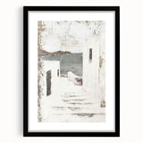 Abstract architectural wall art framed in black with a mat, showcasing geometric shapes and modern design elements, perfect for contemporary decor.