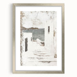 Abstract architecture wall art framed in silver with a mat, showcasing geometric shapes in neutral tones, perfect for modern interior decor.