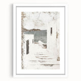 Abstract architectural wall art framed with a white mat, showcasing geometric shapes and soft colors, perfect for modern home decor and enhancing interior aesthetics.