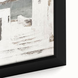 Close-up of a framed abstract architecture wall art design showcasing intricate geometric patterns in shades of blue and gray, perfect for modern home decor.