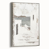 Framed canvas wall art showcasing an abstract architectural design in silver tones, viewed from the side, perfect for modern interior decor.