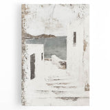 Abstract architecture wall art on stretched canvas showcasing geometric shapes in soft blue and beige tones, perfect for modern home decor.