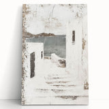 Abstract architectural wall art stretched on canvas, showcasing geometric shapes in shades of blue and gray, leaning against a neutral wall, perfect for modern decor.