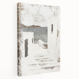 Stretched canvas featuring an abstract architecture wall art design with geometric shapes and a modern color palette, showcasing a side view for depth and perspective.
