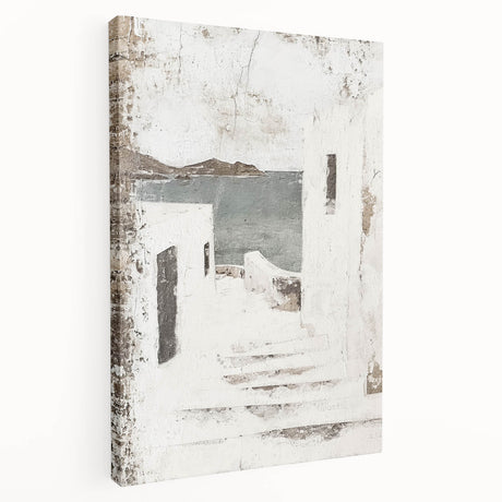 Stretched canvas featuring an abstract architecture wall art design with geometric shapes and a modern color palette, showcasing a side view for depth and perspective.