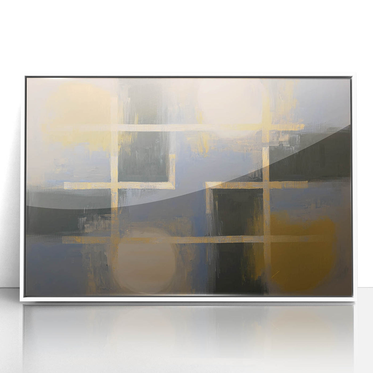 Framed abstract geometric acrylic wall art in white, showcasing intricate shapes and lines, perfect for modern home decor. Ideal for enhancing any living space with contemporary style.