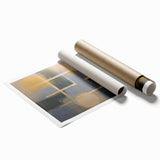 Abstract geometric rolled print showcasing vibrant colors and intricate patterns, designed to enhance modern decor. Packaged securely in a sturdy cardboard tube for protection during shipping.