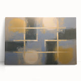 Abstract geometric canvas art showcasing vibrant colors in a modern design, elegantly leaning against a neutral wall. Perfect for contemporary home decor.