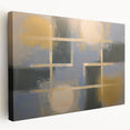 Abstract geometric stretched canvas artwork showcasing vibrant colors and bold shapes, ideal for modern decor. Side view highlights the canvas texture and depth, enhancing visual appeal for contemporary interiors.