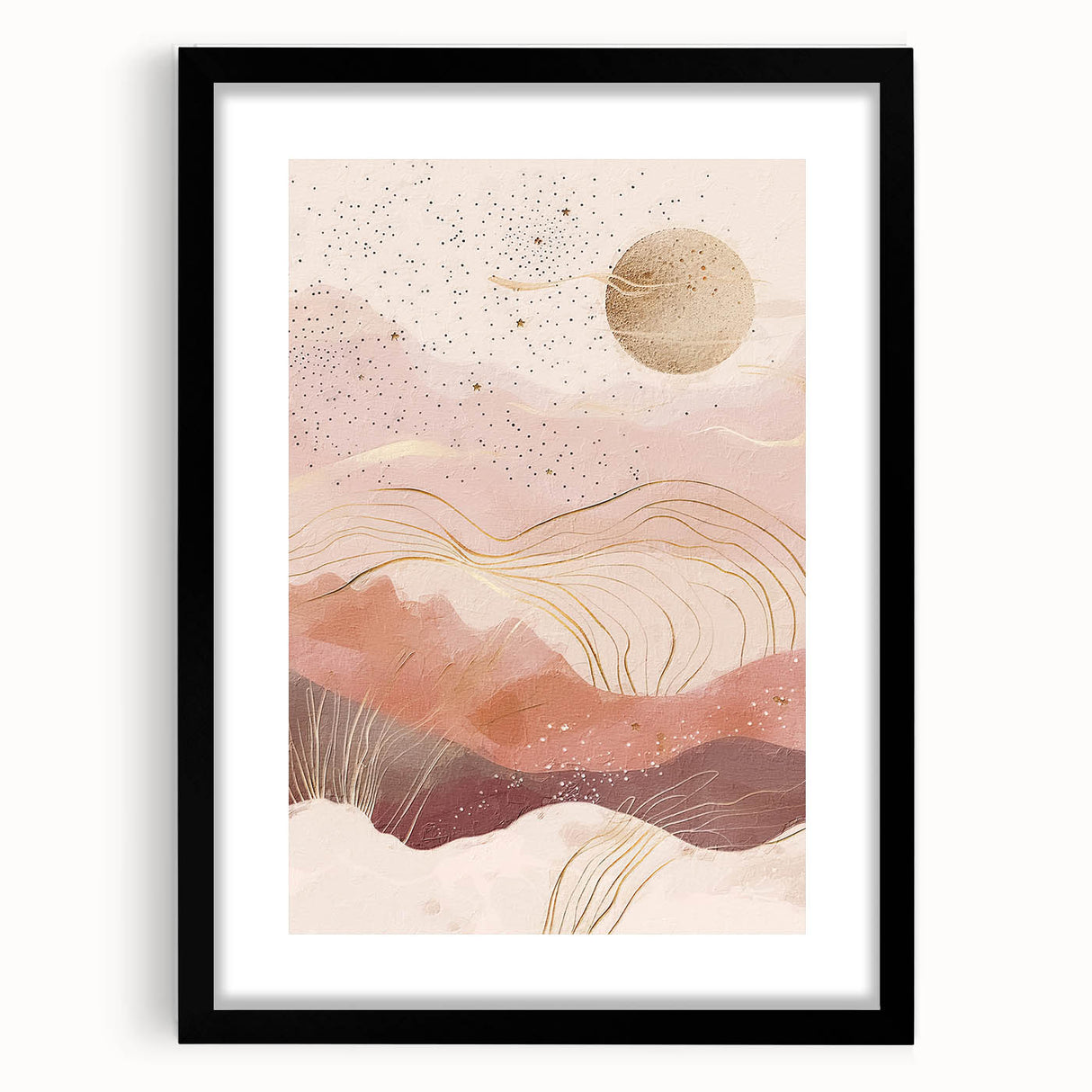 Abstract landscape wall art framed with a black mat, showcasing vibrant colors and fluid shapes, perfect for modern home decor. Ideal for enhancing interior spaces.