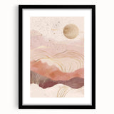 Abstract landscape wall art framed with a black mat, showcasing vibrant colors and fluid shapes, perfect for modern home decor. Ideal for enhancing interior spaces.