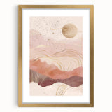 Abstract landscape wall art framed with a gold mat, showcasing vibrant colors and intricate designs, perfect for modern home decor. Ideal for adding elegance to living spaces.