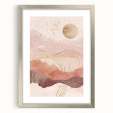 Abstract landscape wall art framed in silver with a white mat, showcasing vibrant colors and dynamic shapes, ideal for modern home decor.