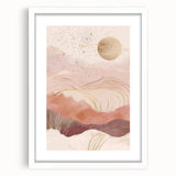 Abstract landscape wall art framed in white, showcasing vibrant colors and intricate patterns, ideal for modern home decor and artistic interiors.