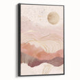 Framed canvas artwork showcasing an abstract landscape in vibrant colors, featuring a black frame and side view design, ideal for modern home decor.
