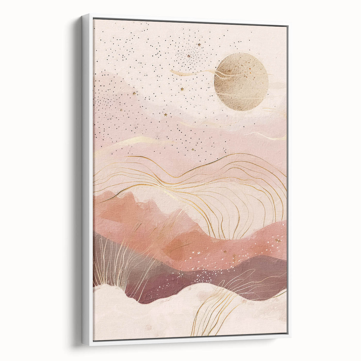 Framed canvas wall art featuring an abstract landscape design with soft pastel colors and a modern aesthetic, showcased in a stylish white frame, perfect for contemporary home decor.