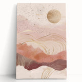 Abstract landscape wall art on stretched canvas, showcasing vibrant colors and dynamic shapes, leaning against a light wall, perfect for modern decor.