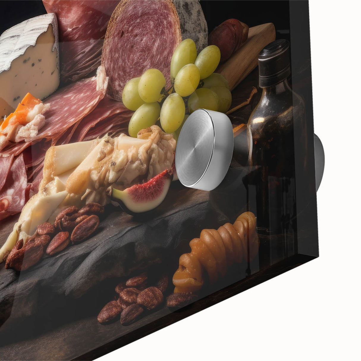 Large abstract wall art featuring a close-up view of assorted dishes in muted earth tones, printed on acrylic glass.