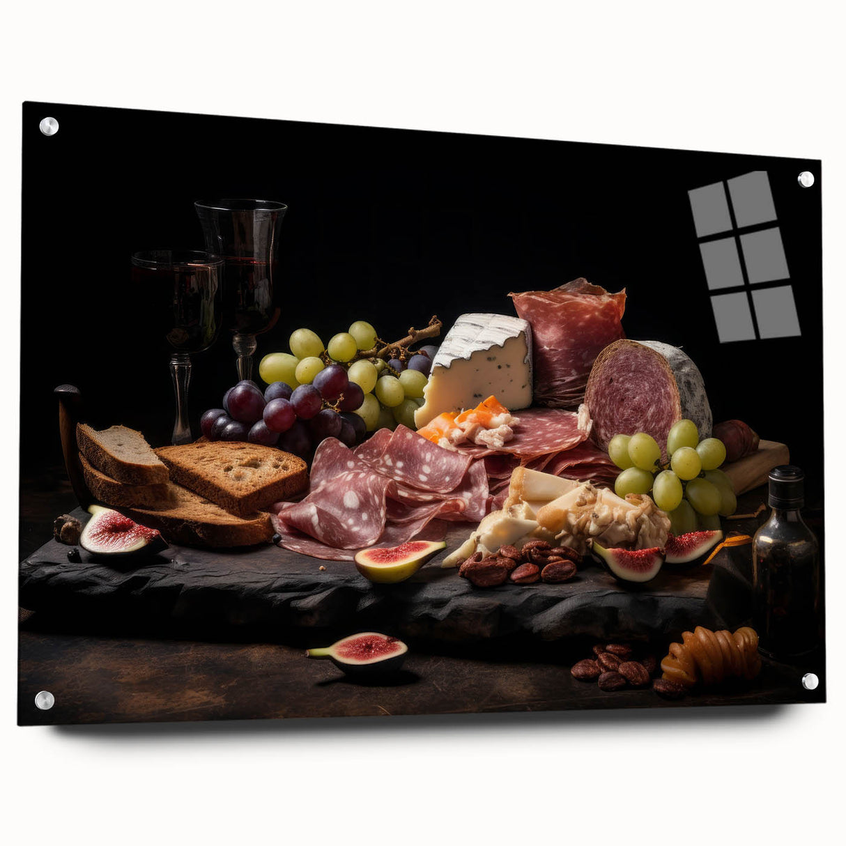 Large abstract wall art on acrylic glass depicting various colorful food dishes, suitable for dining room decor.