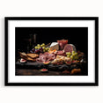 Extra large, textured abstract art print of colorful food dishes on a black framed canvas, ideal for living room decor.