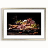 Textured art depicting abstract food dishes in muted earth tones, framed with a silver mat, suitable for bedroom decor.