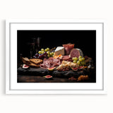 Abstract art print featuring assorted food dishes in vibrant colors on a white framed mat, suitable for dining room decor.