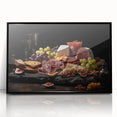 Large abstract wall art featuring assorted food dishes in mid-century modernist style, displayed in a black acrylic frame.
