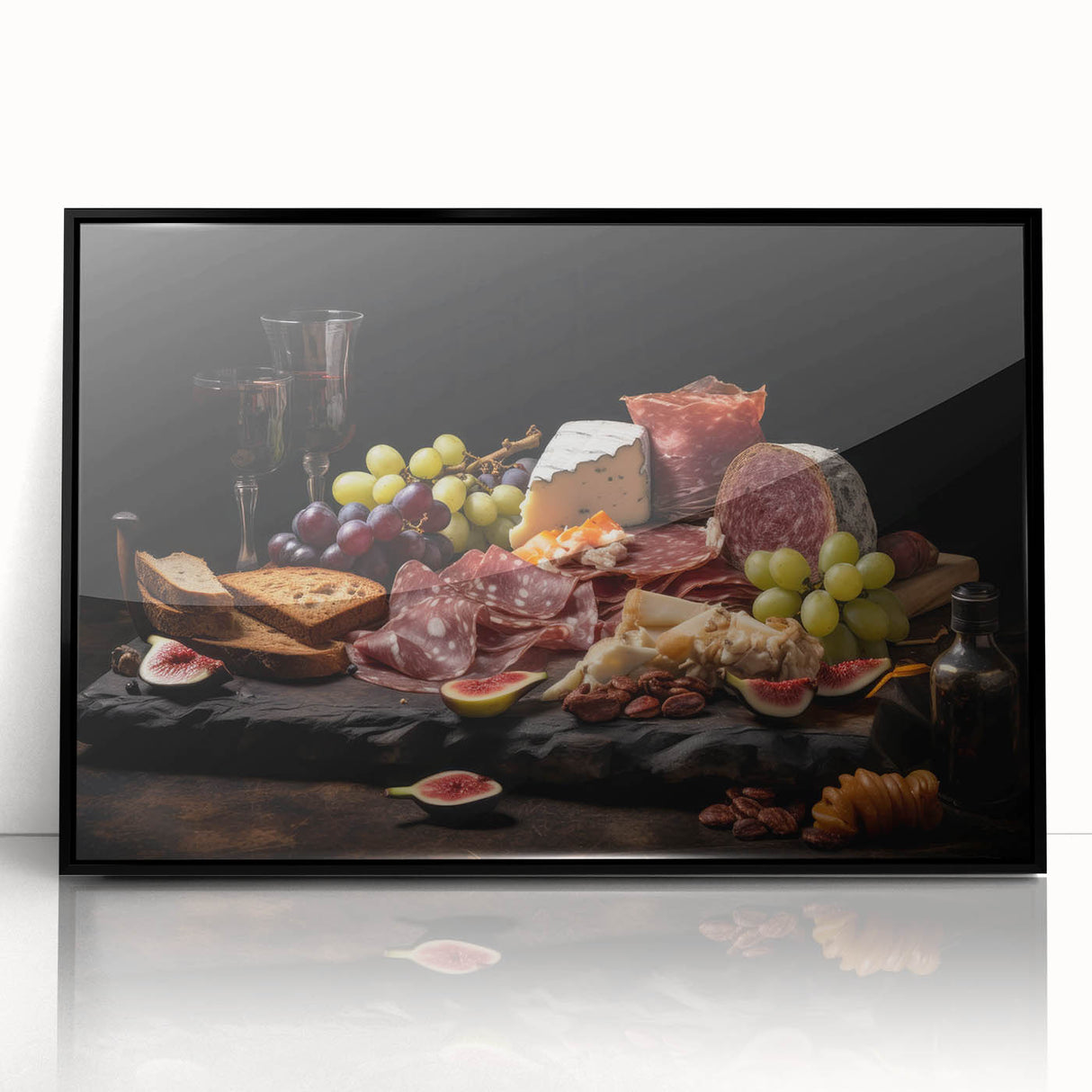 Large abstract wall art featuring assorted food dishes in mid-century modernist style, displayed in a black acrylic frame.