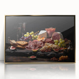 Large art print of various food dishes in mid-century modernist style, framed in acrylic with gold tones.
