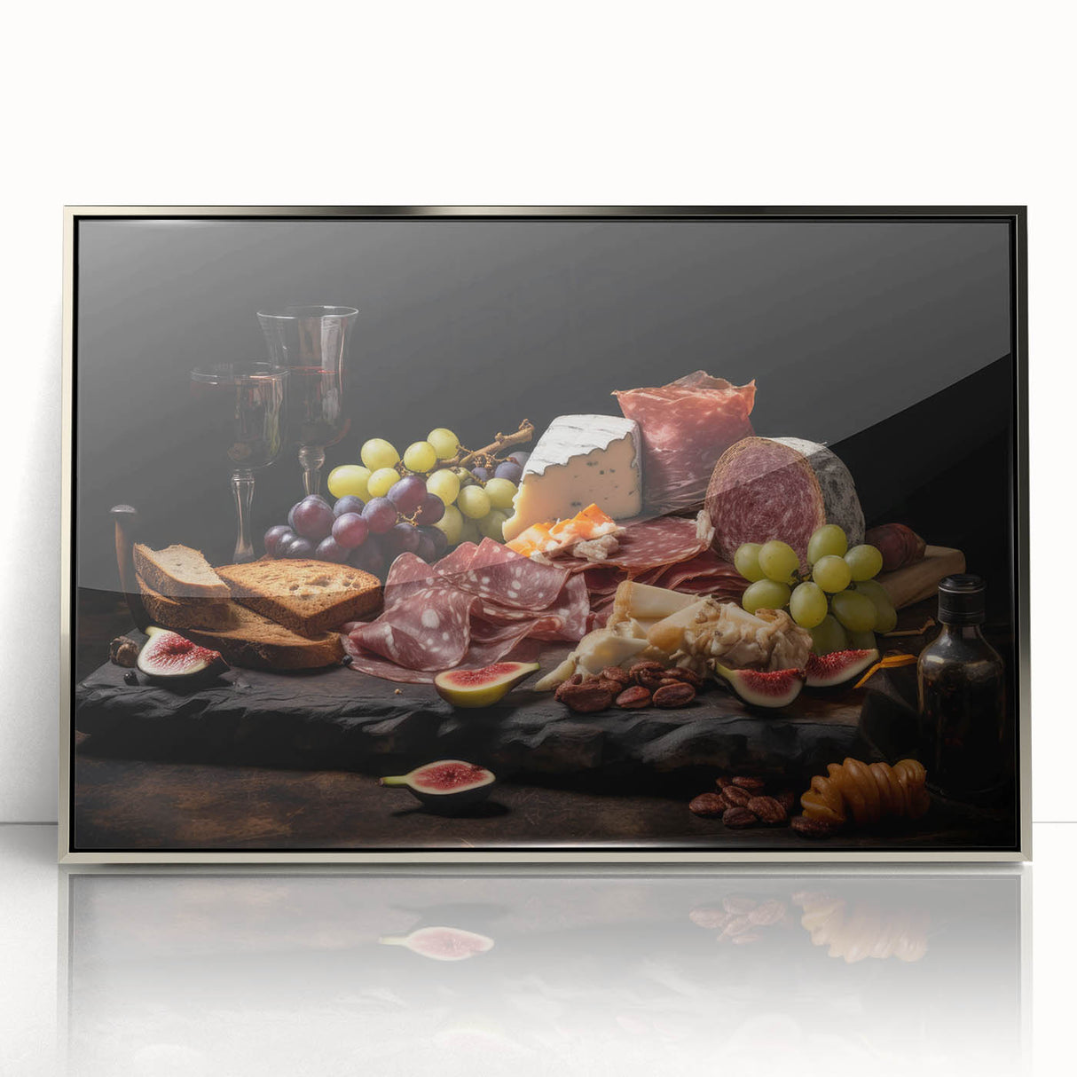 Mid-century modernist art featuring an array of colorful food dishes on a silver-framed acrylic print.
