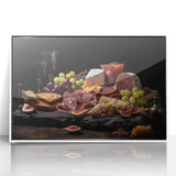 Art deco poster featuring a variety of colorful food dishes on a white acrylic framed print.