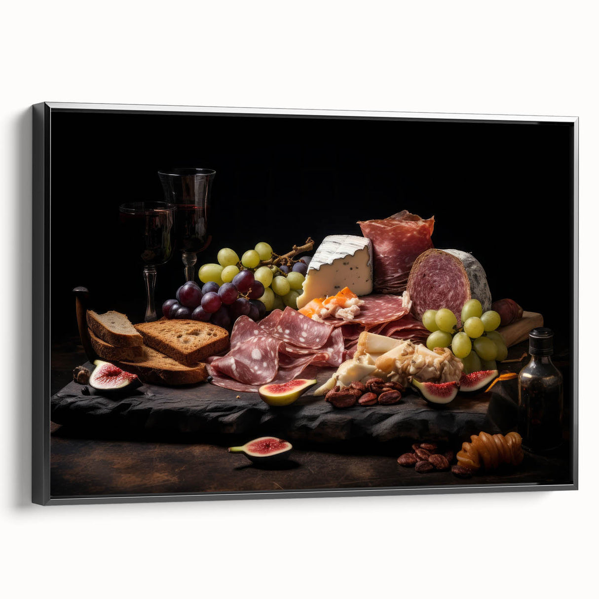 Black and white vintage poster art of assorted dishes on a framed canvas, suited for bedroom wall decor.