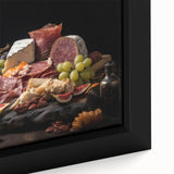 Close-up of a black framed canvas featuring a textured, colorful depiction of various food dishes.