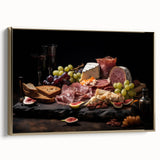 Framed canvas featuring vintage poster art of various food dishes in black and gold, ideal for bedroom wall decor.