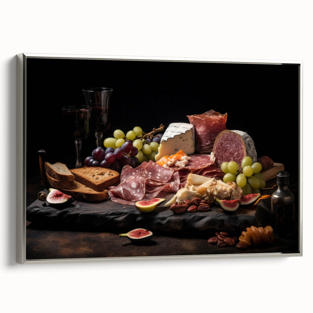 Landscape art painting of assorted colorful dishes on a black canvas, framed in silver, ideal for dining room decor.