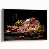 Landscape art painting of assorted colorful dishes on a black canvas, framed in silver, ideal for dining room decor.