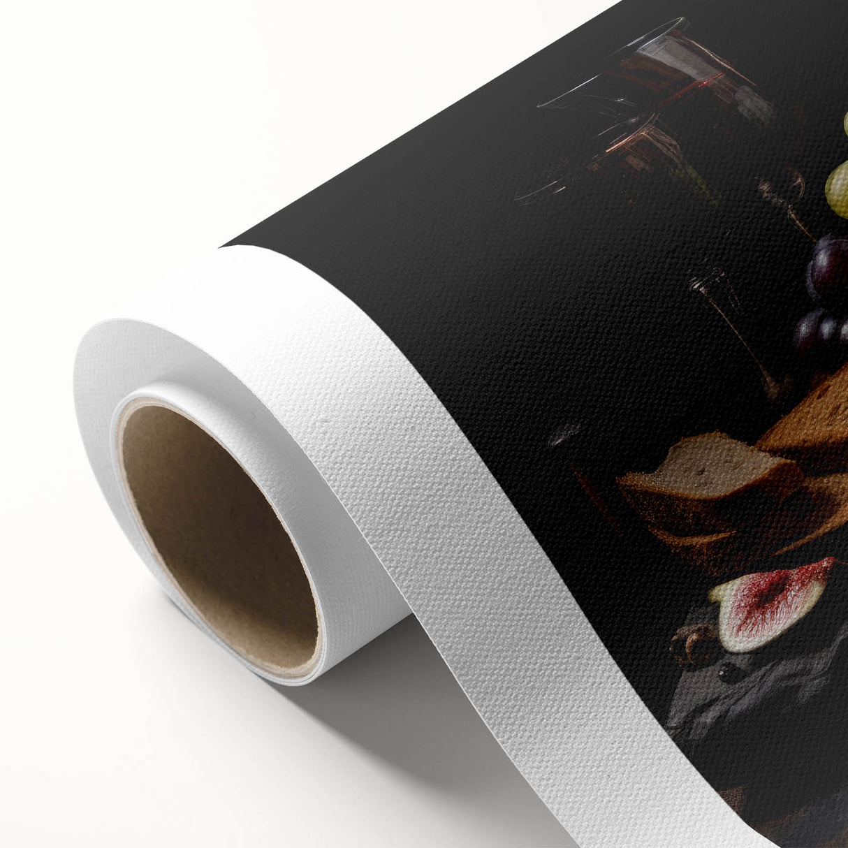 Art deco poster featuring an array of colorful food dishes on rolled canvas.