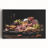 Black and white stretched canvas featuring an array of various food dishes, ideal for kitchen wall art.
