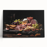 Large black and white canvas of various food dishes, ideal for kitchen wall art.