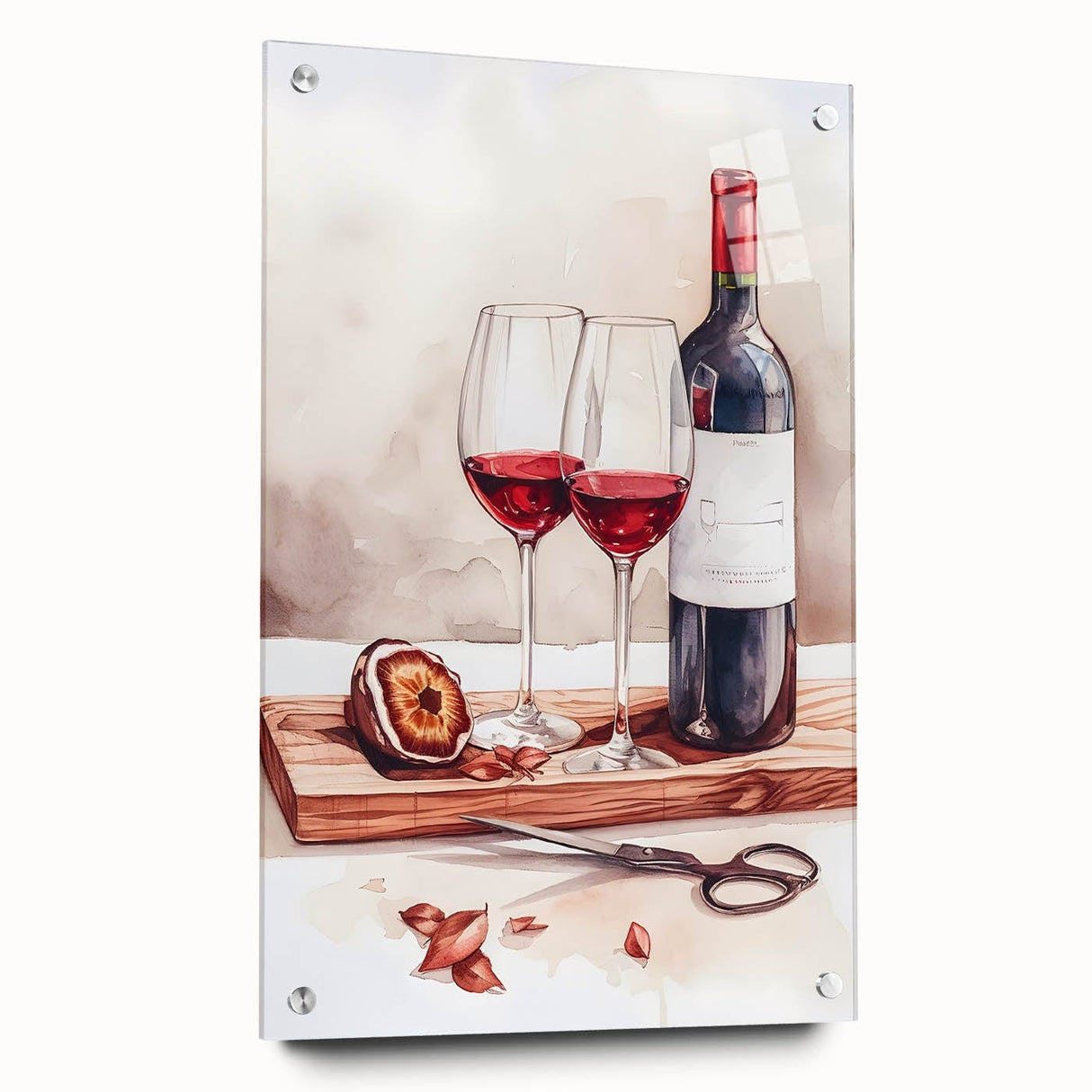 Large abstract wall art on acrylic glass depicting vibrant food and drink imagery, ideal for dining room decor.