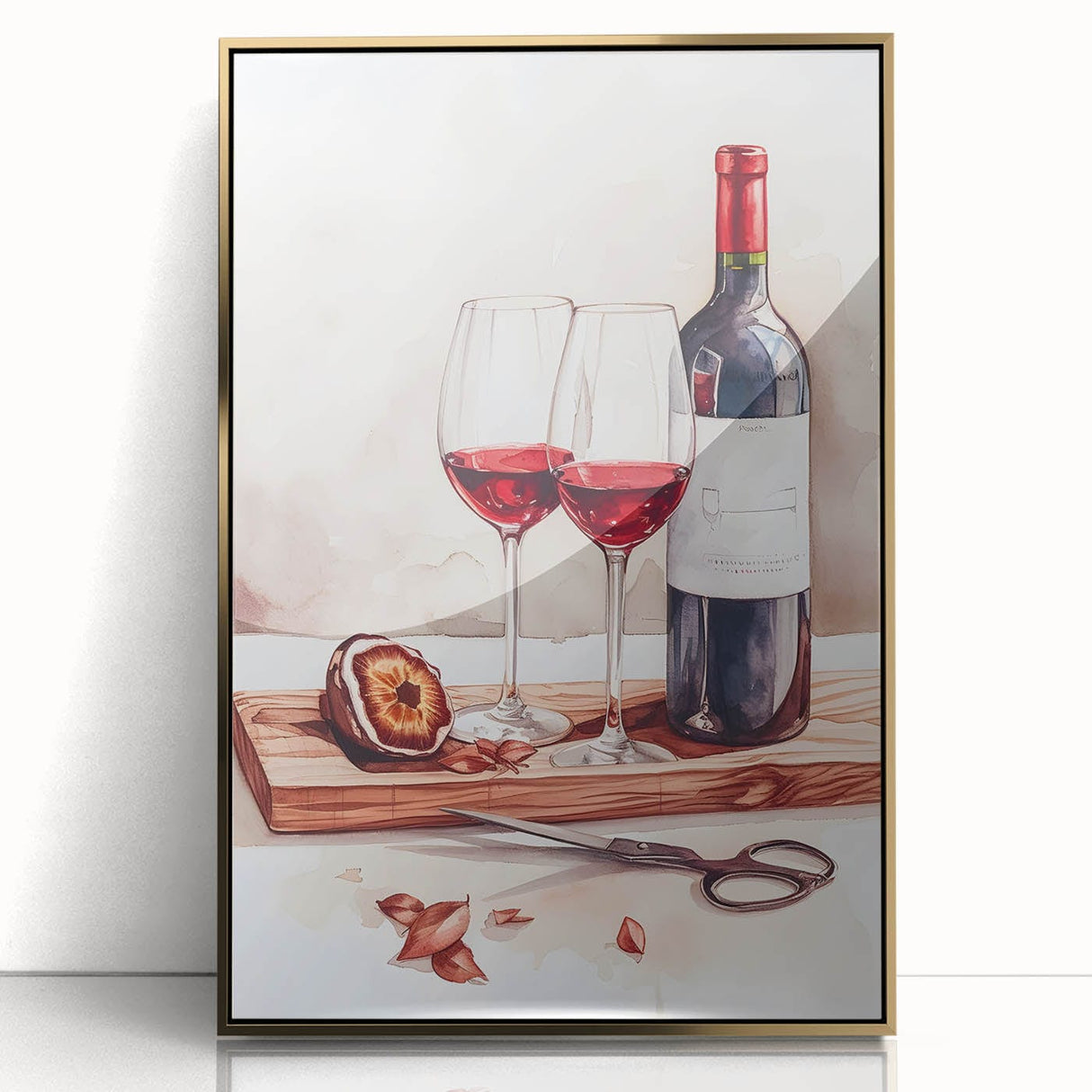 Art deco poster depicting food and drinks in bold gold and black tones, framed in acrylic.