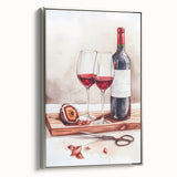 Landscape art painting of colorful food and drinks on a vintage poster, framed in black, suitable for dining room decor.