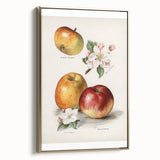Vintage poster art of assorted fruits in muted earth tones on framed canvas, ideal for bedroom wall art.